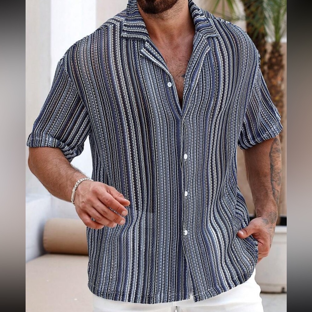 Hypemode Men's Vintage Striped Short Sleeve Casual Summer Shirt - Picture 4 of 4